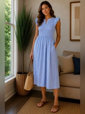 J. Crew Factory Smocked flutter-sleeve midi dress size Small in Banker Blue. NWT